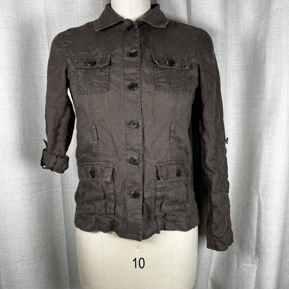 Loft Jacket Women's XS Brown 100% Linen Utility Pockets Roll Tab Sleeves Buttons